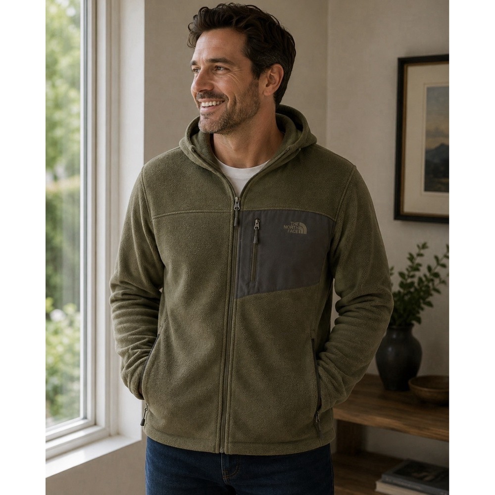 The North Face Fleece Jacket Mens XXL Olive Green Charcoal Full Zip Outdoor